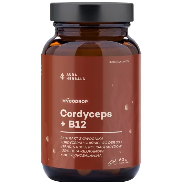 AURA HERBALS Mycodrop Cordyceps 30:1 + B12 30% Beta-Glukan 60 kaps