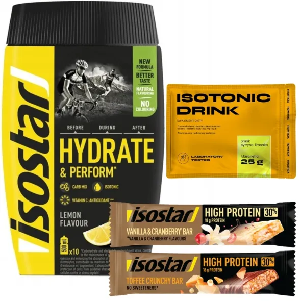 ISOSTAR Koncentrat 400 g + nowmax® Isotonic Drink 25 g + 2x ISOSTAR Baton Wysokobiałkowy 30% 55 g