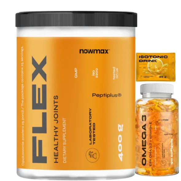 nowmax® Flex Healthy Joints 400 g + nowmax® Isotonic Drink 25 g +nowmax® Omega 3 1000mg + Vitamin E 90 kaps